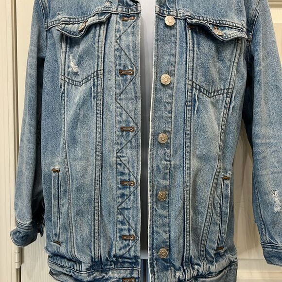 Madewell Oversized Blue Denim Jean Trucker Jacket Junction Wash XSmall Distress - Picture 7 of 15